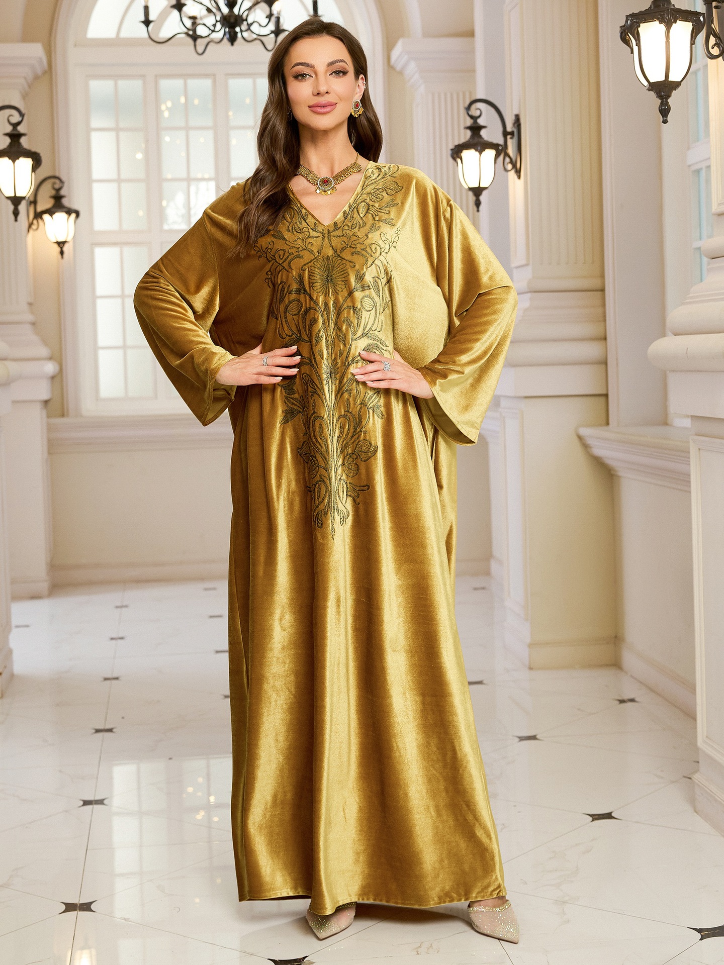 Elegant Embroidered Kaftan Dress Beach Bathing Suit Cover up Long Maxi Dress